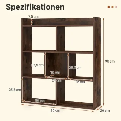 Regál na knihy se 7 kostkami Stojící police Police z kostek Úložná police 80 x 20 x 90 cm Káva
