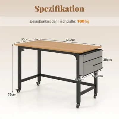 Stůl s kolečky Počítačový stůl s odnímatelnou látkovou taškou a háčkem na sluchátka 120 x 60 x 75 cm dřevo