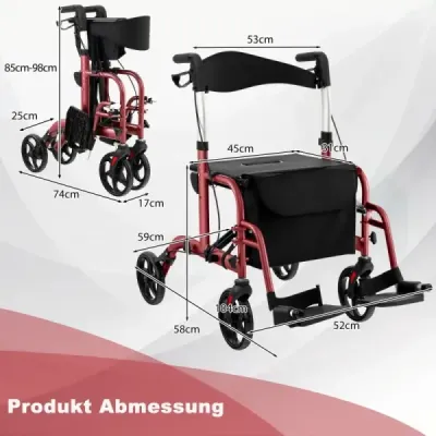 Rollator skládací a lehký se sedadlem 2 v 1 invalidní vozík a cestovní rollator Lehký červený