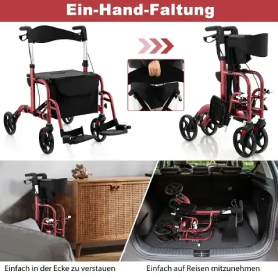 Rollator skládací a lehký se sedadlem 2 v 1 invalidní vozík a cestovní rollator Lehký červený