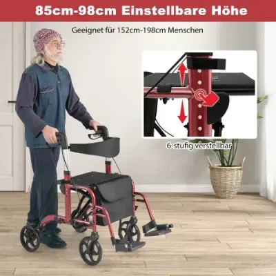 Rollator skládací a lehký se sedadlem 2 v 1 invalidní vozík a cestovní rollator Lehký červený