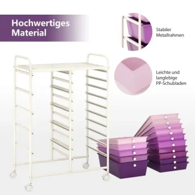 Vozík s 15 stohovatelnými zásuvkami Pojízdný postranní vozík s 15 zásuvkami 62,5 x 37 x 87 cm Fialový