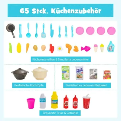 65 TLG. Dětská kuchyňka se světly Dětská hrací kuchyňka s vodním čerpadlem Modrá barva