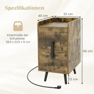 Noční stolek s nabíjecí stanicí Úzký noční stolek se 2 zásuvkami a USB porty 40 x 32 x 60 cm Rustikální hnědá barva