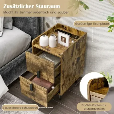 Noční stolek s nabíjecí stanicí Úzký noční stolek se 2 zásuvkami a USB porty 40 x 32 x 60 cm Rustikální hnědá barva