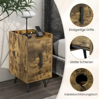 Noční stolek s nabíjecí stanicí Úzký noční stolek se 2 zásuvkami a USB porty 40 x 32 x 60 cm Rustikální hnědá barva