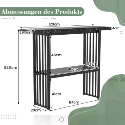 Dvoupatrový konzolový stolek s mramorovým vzhledem úzký boční stolek předsíňový stolek s kovovým rámem černý