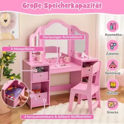 Dětský toaletní stolek 2 v 1 s odnímatelným zrcadlem a úložnými boxy, růžový