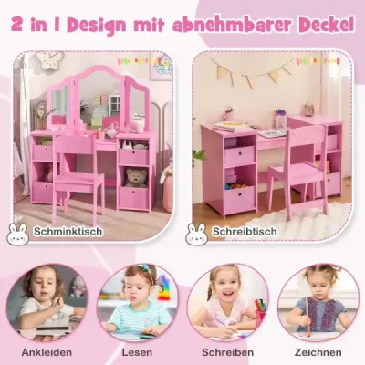 Dětský toaletní stolek 2 v 1 s odnímatelným zrcadlem a úložnými boxy, růžový