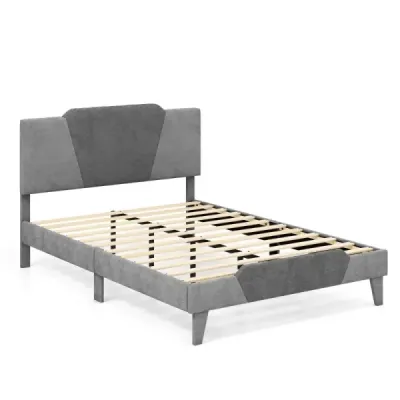 Čalouněná postel na platformě ve velikosti dvoulůžka Sametový rám postele s čelem Rám postele z masivních dřevěných lamel 140 x 200 cm Šedá barva