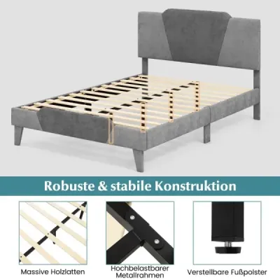 Čalouněná postel na platformě ve velikosti dvoulůžka Sametový rám postele s čelem Rám postele z masivních dřevěných lamel 140 x 200 cm Šedá barva