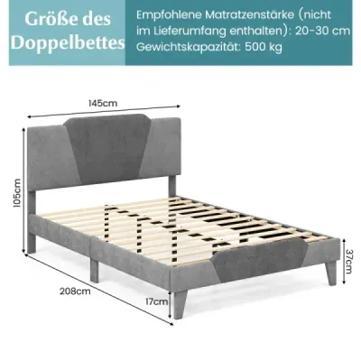 Čalouněná postel na platformě ve velikosti dvoulůžka Sametový rám postele s čelem Rám postele z masivních dřevěných lamel 140 x 200 cm Šedá barva