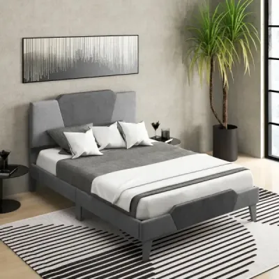 Čalouněná postel na platformě ve velikosti dvoulůžka Sametový rám postele s čelem Rám postele z masivních dřevěných lamel 140 x 200 cm Šedá barva