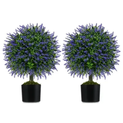 2 umělé rostliny s levandulí ve fialové barvě a listy Boxwood umělý strom s květináčem 58cm