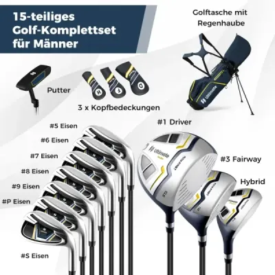 15dílná kompletní sada golfových holí golfový set s golfovým bagem a pláštěnkou žlutá