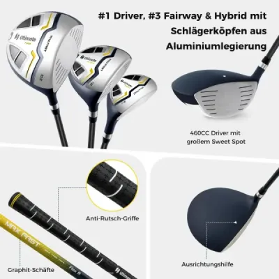 15dílná kompletní sada golfových holí golfový set s golfovým bagem a pláštěnkou žlutá