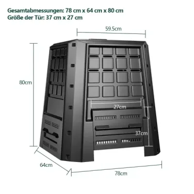 Zahradní kompostér 380 L PP termokompostér s víkem a nastavitelnými větracími otvory 78 x 64 x 80 cm černý