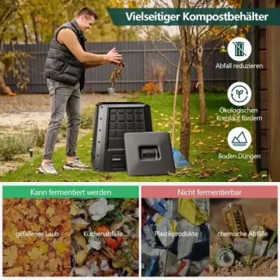 Zahradní kompostér 380 L PP termokompostér s víkem a nastavitelnými větracími otvory 78 x 64 x 80 cm černý