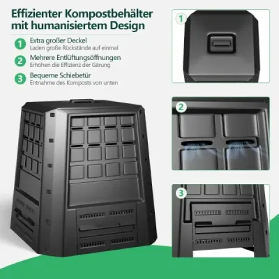 Zahradní kompostér 380 L PP termokompostér s víkem a nastavitelnými větracími otvory 78 x 64 x 80 cm černý