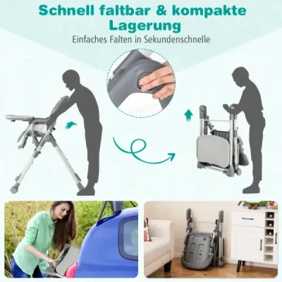 Dětská skládací vysoká židlička s funkcí naklápění a nastavitelnou výškou Šedá
