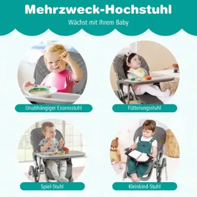 Dětská skládací vysoká židlička s funkcí naklápění a nastavitelnou výškou Šedá