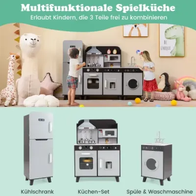 Dětská kuchyňka s příslušenstvím 3 v 1 dětská kuchyňka dřevo s lednicí a pračkou hnědá