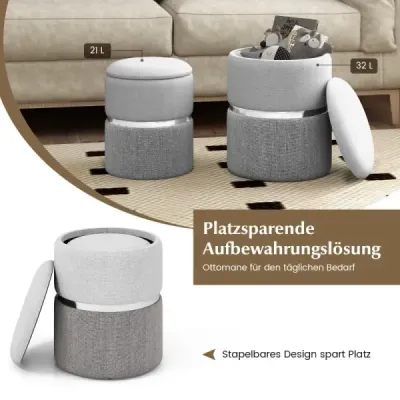 Sada 2 sametových otomanů s 32L + 21L úložným prostorem pouf taburet kulatý gauč boční taburet šedý
