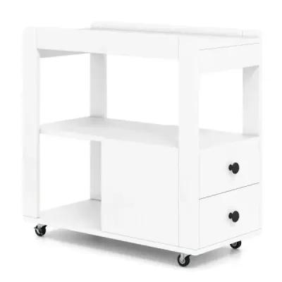 Tiskařský stůl s kolečky a 2 zásuvkami a policemi Kontejner na role Stojan na tiskárnu Boční vozík Bílý