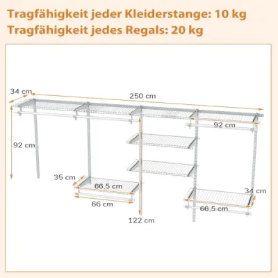 Otevřená šatní skříň 122 - 244 cm Rozšiřitelná nástěnná šatní skříň DIY úložný systém Bílá
