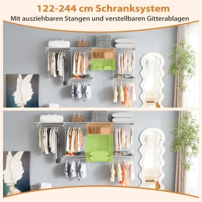 Otevřená šatní skříň 122 - 244 cm Rozšiřitelná nástěnná šatní skříň DIY úložný systém Bílá
