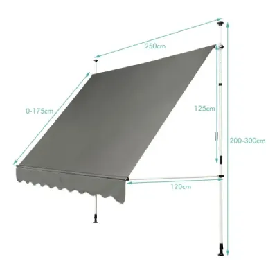 Svěrná markýza Balkonová markýza výškově nastavitelná Markýza s ruční klikou Ochrana proti slunci 250 x 120 cm Šedá barva