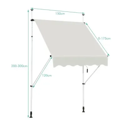Stahovací slunečník s ruční klikou, výškově nastavitelný 250 x 120 cm Béžová barva
