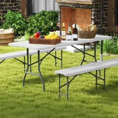 Zahradní stůl 180 x 74 cm, skládací kempingový stůl se deskou z HDPE a držadlem, bílý