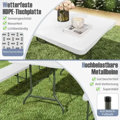 Zahradní stůl 180 x 74 cm, skládací kempingový stůl se deskou z HDPE a držadlem, bílý