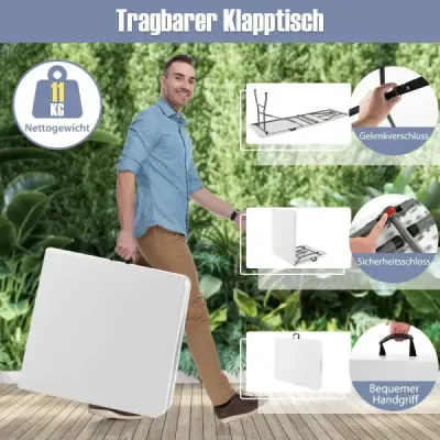 Zahradní stůl 180 x 74 cm, skládací kempingový stůl se deskou z HDPE a držadlem, bílý