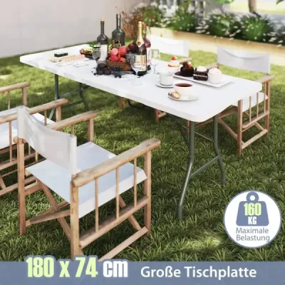 Zahradní stůl 180 x 74 cm, skládací kempingový stůl se deskou z HDPE a držadlem, bílý