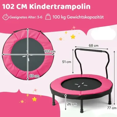 Ø102 cm dětská trampolína fitness trampolína vnitřní s odnímatelnou rukojetí mini trampolína s nosností do 100 kg růžová