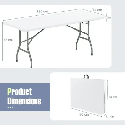 Zahradní stůl 180 x 74 cm, skládací kempingový stůl se deskou z HDPE a držadlem, bílý