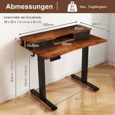 Výškově nastavitelný elektrický počítačový stůl Stojící stůl s podstavcem pro monitor 100 x 60 cm Hnědý