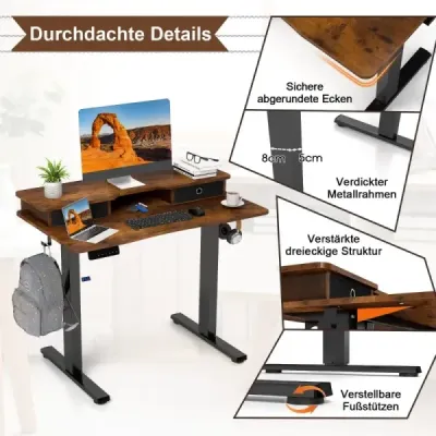 Výškově nastavitelný elektrický počítačový stůl Stojící stůl s podstavcem pro monitor 100 x 60 cm Hnědý