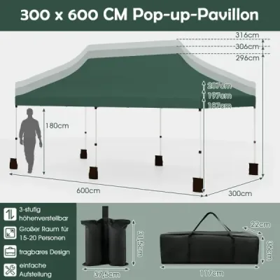 300 x 600 cm pop-up stan se skládacím baldachýnem skládací stan pro akce s taškou na přenášení zelený