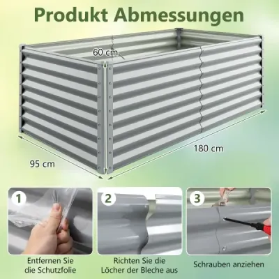 Kovový truhlík na vyvýšený záhon pro zahradu 180 x 95 x 60 cm Obdélníkový chladicí rám s vyztuženými tyčemi a otevřeným dnem Šedá barva