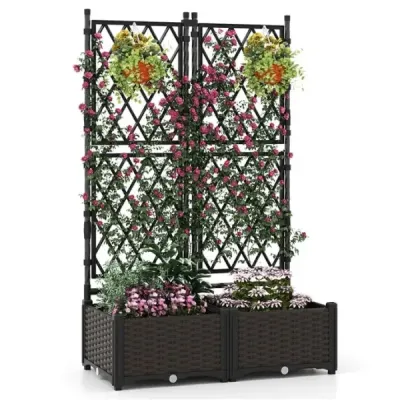 Květinový truhlík s mříží Kovový truhlík pro popínavé rostliny  záhon s mříží a samozavlažováním černý 80 x 40 x 120 cm