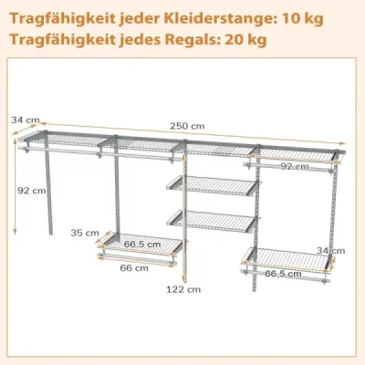 Otevřená šatní skříň 122 - 244 cm Rozšiřitelná nástěnná šatní skříň DIY úložný systém Grey