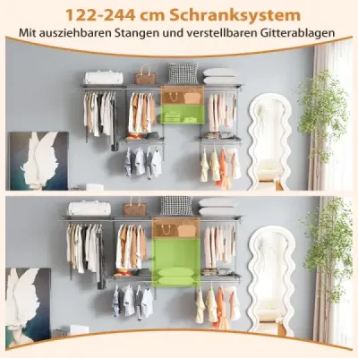 Otevřená šatní skříň 122 - 244 cm Rozšiřitelná nástěnná šatní skříň DIY úložný systém Grey