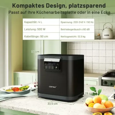 4 l elektrický kompostér Kuchyňský kompostér s víkem 2 filtry s aktivním uhlím a LED displejem Černá barva