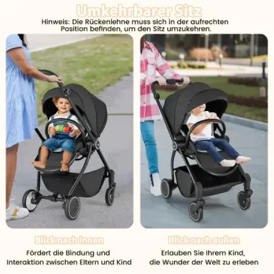 Skládací kočárek s otočným sedadlem Cestovní kočárek s nastavitelnou opěrkou zad Black