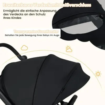 Skládací kočárek s otočným sedadlem Cestovní kočárek s nastavitelnou opěrkou zad Black