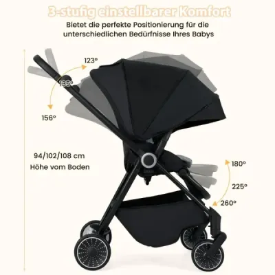 Skládací kočárek s otočným sedadlem Cestovní kočárek s nastavitelnou opěrkou zad Black