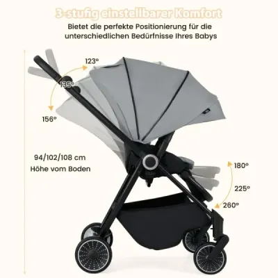 Skládací kočárek s otočným sedadlem Cestovní kočárek s nastavitelnou opěrkou zad Grey